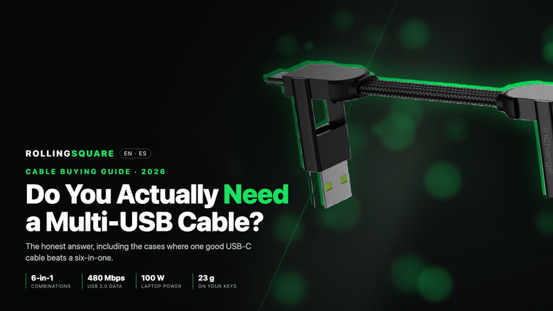 Rolling Square inCharge X multi-USB cable opened to show its USB-C, USB-A and Lightning connectors