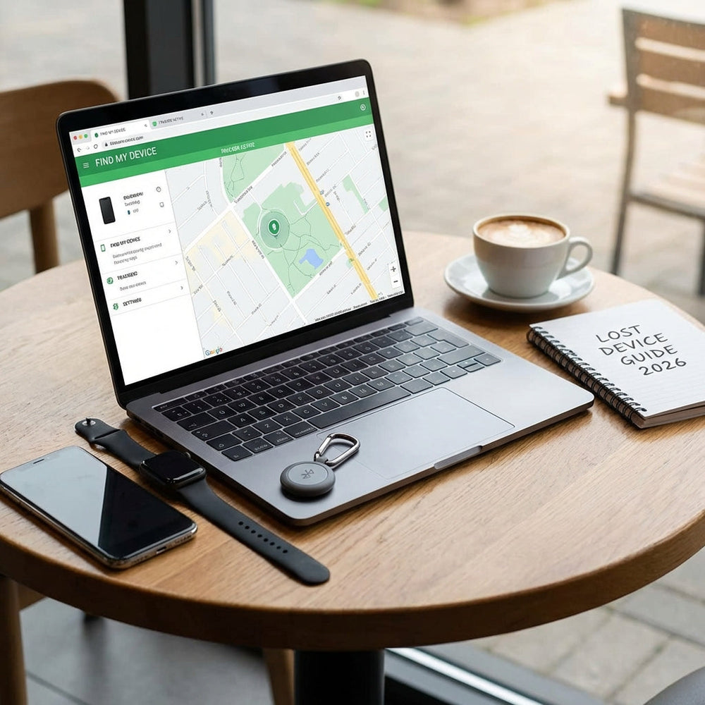 Open laptop on a wooden table shows Find My Device map with a green marker, next to a coffee cup and Lost Device Guide 2026 notebook.