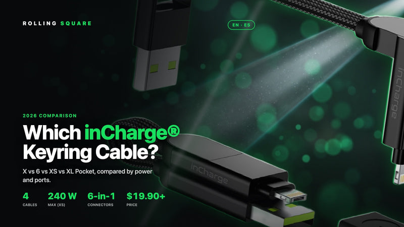 Which Rolling Square inCharge keyring cable to carry: X vs 6 vs XS vs XL Pocket comparison, cinematic close-up of the inCharge X