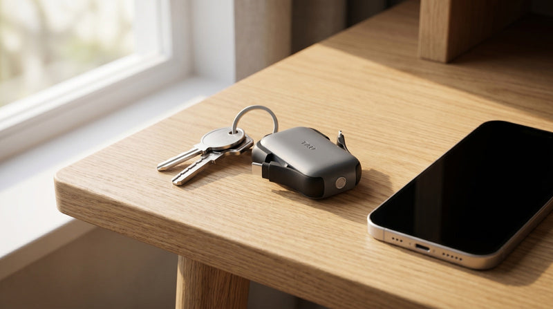Rolling Square TAU 2 keyring power bank on a keychain with keys beside a phone — keychain power bank guide cover