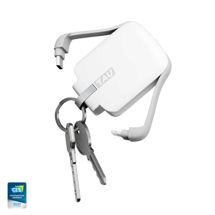 TAU® - Always-charged power bank - Charcoal Black - Compact white TAU® power bank with retractable cable and keyring attachment showcasing sleek minimalist design. - Rolling Square