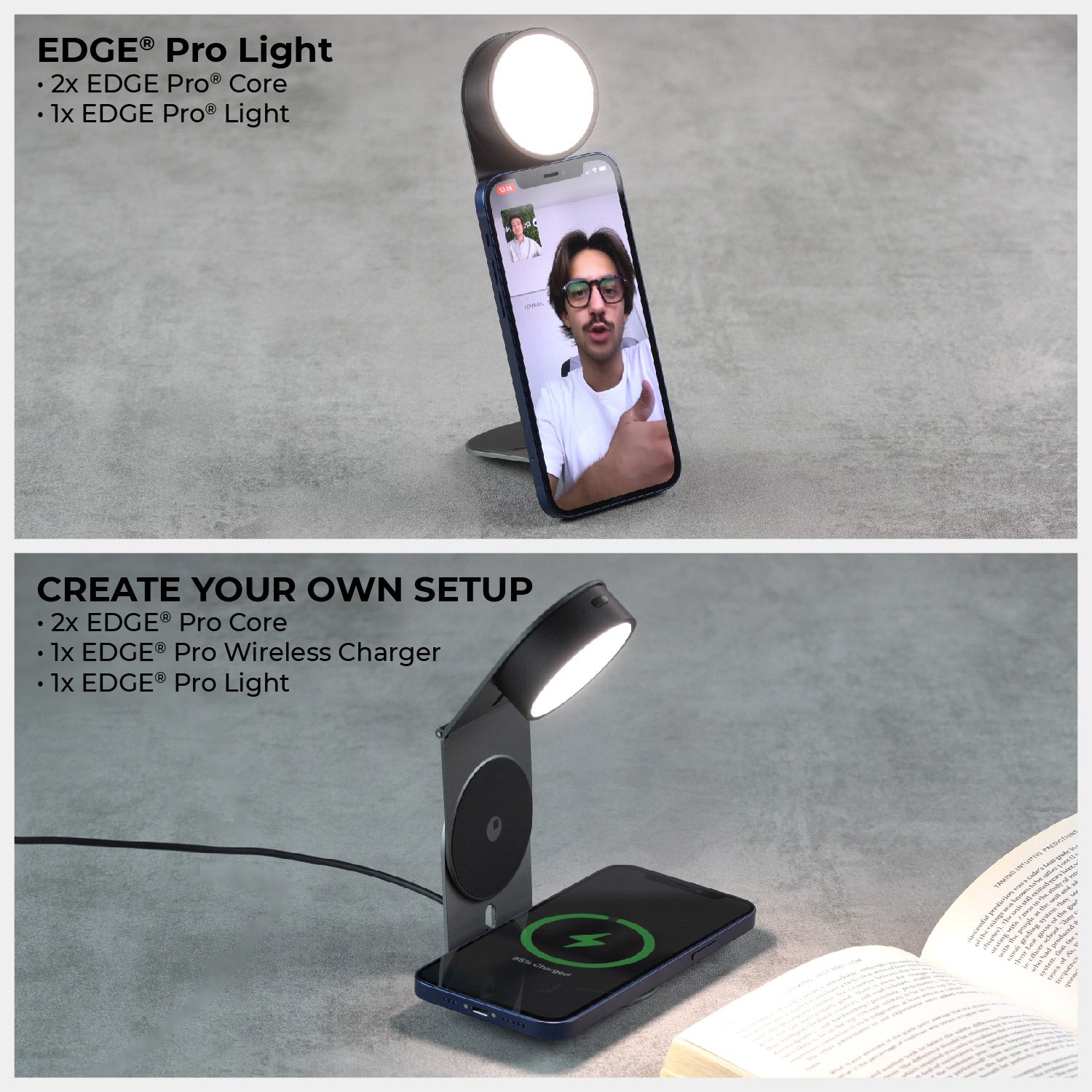 Rolling Square Edge Full Kit - Support Telephone Bureau Magnétique pour  Ordinateur Portable, Chargeur Induction avec Charge Rapide + Lumière, Gris