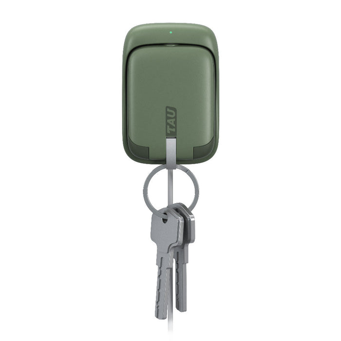 TAU® - Always-charged power bank - Charcoal Black - Agave green compact TAU power bank with attached metal keyring holding three keys. - Rolling Square