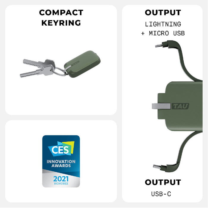 TAU® - Always-charged power bank - Charcoal Black - Compact agave green power bank keyring with lightning, micro USB, and USB-C output ports. - Rolling Square