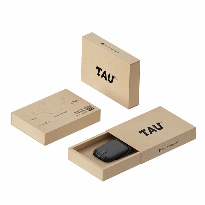 TAU® - Always-charged power bank - Charcoal Black - Charcoal black sleek power bank in minimalistic beige TAU branded box with sliding cover and two closed boxes nearby. - Rolling Square