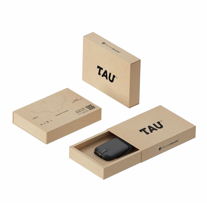 TAU® - Always-charged power bank - Charcoal Black - Charcoal black sleek power bank in minimalistic beige TAU branded box with sliding cover and two closed boxes nearby. - Rolling Square